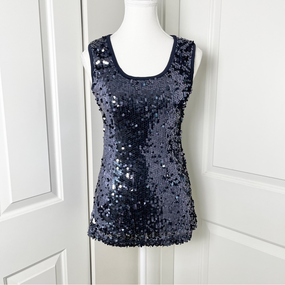 Ann Taylor Navy Sequin Top Sleeveless Glam Blouse, Small, Festival & Party Ready
